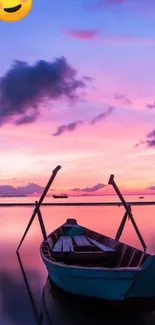 A boat on calm pink waters during a serene sunset.