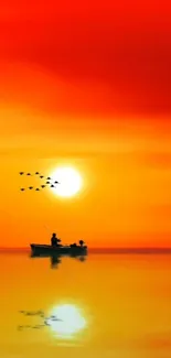 A peaceful sunset wallpaper with a boat on a calm lake reflecting an orange sky.