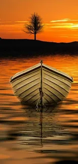 Boat on a tranquil lake at sunset with orange and golden reflections.