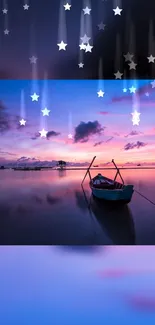 Tranquil boat at sunset with a starry sky in a serene mobile wallpaper.