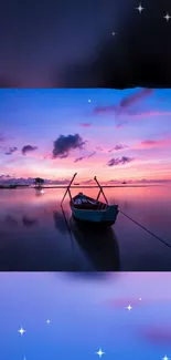 Serene sunset with boat on tranquil water, under a purple and pink sky.