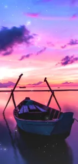 A boat floating on serene waters at sunset with a pink and purple sky backdrop.