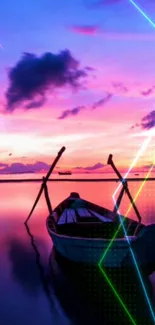 Serene sunset with boat and neon streaks on calm water.