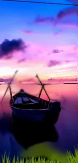 Boat on calm water during a vibrant purple sunset.