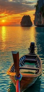 Serene sunset with boat on calm water and scenic cliffs.
