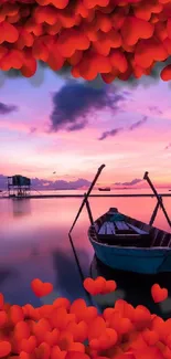 Boat at sunset with red petals, tranquil purple sky.