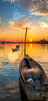 Boat on calm water during vibrant sunset.