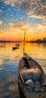 Serene sunset with boats on reflective water and glowing sky.