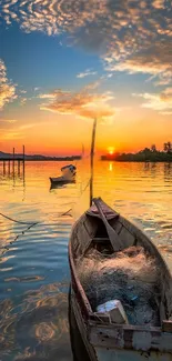 Serene sunset with boats reflecting on calm waters.