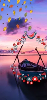 Mobile wallpaper featuring a boat on calm waters at sunset with floral accents.