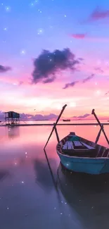 Boat in a serene sunset over a calm ocean with vibrant sky hues.