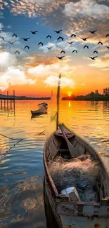 Serene sunset with boats reflecting on a tranquil lake.