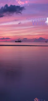 Boat at sunset on tranquil purple waters with dramatic clouds.