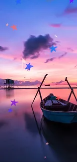 Serene sunset over the ocean with a boat reflecting vibrant purples and pinks.