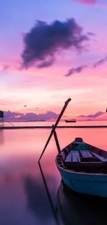 A serene scene of a boat against a pastel sunset sky.