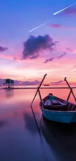 Lone boat on calm waters at sunset with purple and pink skies.