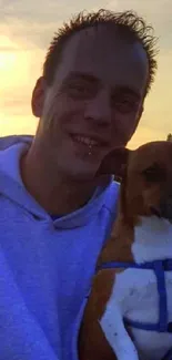 Man and dog on a boat at sunset on a lake.