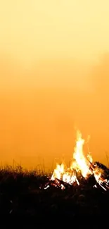 Silhouette by a bonfire at sunset with warm amber hues filling the sky.