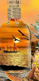 Ship inside bottle against sunset with birds flying.