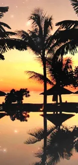 Tropical beach sunset with palm trees and calm water reflection.