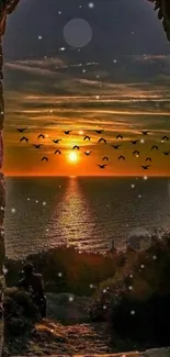 Serene sunset over the sea framed by a stone arch with birds flying.