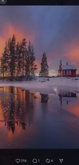 Cabin by a snowy lake at sunset with a serene reflection.