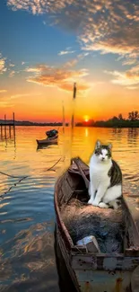 Cat sitting on a boat during a lake sunset with vivid colors.