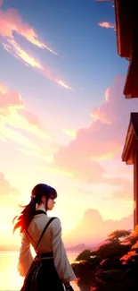 Anime character gazes at a vibrant sunset over a cityscape with pink clouds.