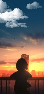 Silhouette against sunset cityscape with clouds.