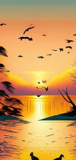 Sunset over a serene coastal landscape with silhouetted trees and flying birds.