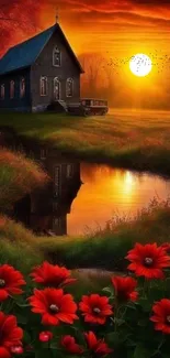 Serene sunset behind a cottage with red flowers and water reflection.