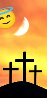 Three crosses silhouetted against an orange sunset, with a smiling halo emoji.