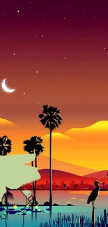 Vibrant desert sunset wallpaper with palms, crescent moon, and colorful sky.