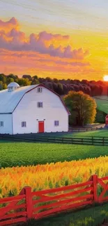 Farm landscape with sunset and vibrant skies wallpaper.