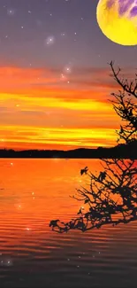 Silhouette fishing at sunset by a lake with an orange sky and large moon.