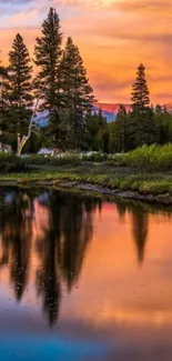 Sunset reflecting on a serene forest lake with vivid orange hues and tall trees.