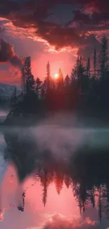 Beautiful sunset over forest reflecting in still lake.