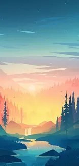 Serene sunset over forest with vibrant colors.