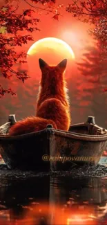 Fox sitting in a boat watching a sunset.