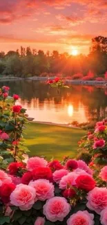 Blooming roses with sunset over a serene lake and garden.