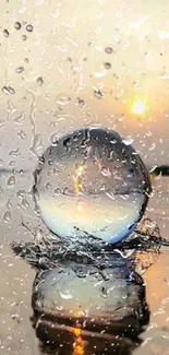 Glass orb reflecting sunset with raindrops on mobile wallpaper.