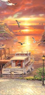 Serene sunset harbor wallpaper with boats and seagulls in warm, glowing colors.