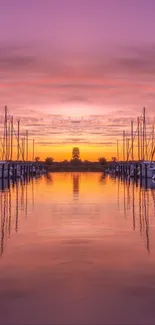 A serene harbor at sunset with vivid purple hues.