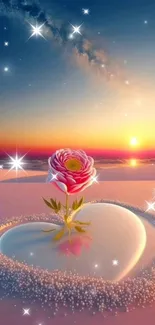 Heart-shaped pool with flower against sunset.