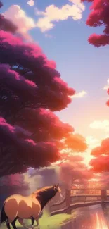 Animated sunset with horse and vibrant trees.