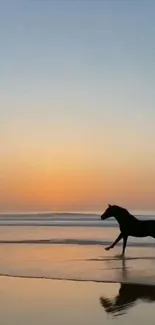 Horse silhouette at sunset on a beach with orange skies.