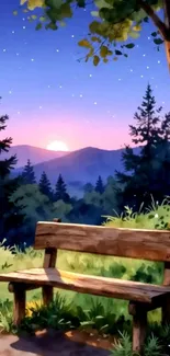 Serene sunset over lush forest with bench.