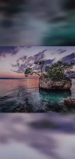 Serene island view at sunset with vibrant sky and ocean.