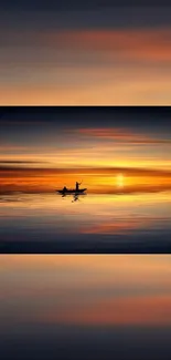 Kayaker at sunset on calm waters with warm orange hues.