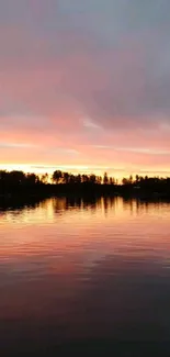 Tranquil sunset over a calm lake with a vibrant horizon.